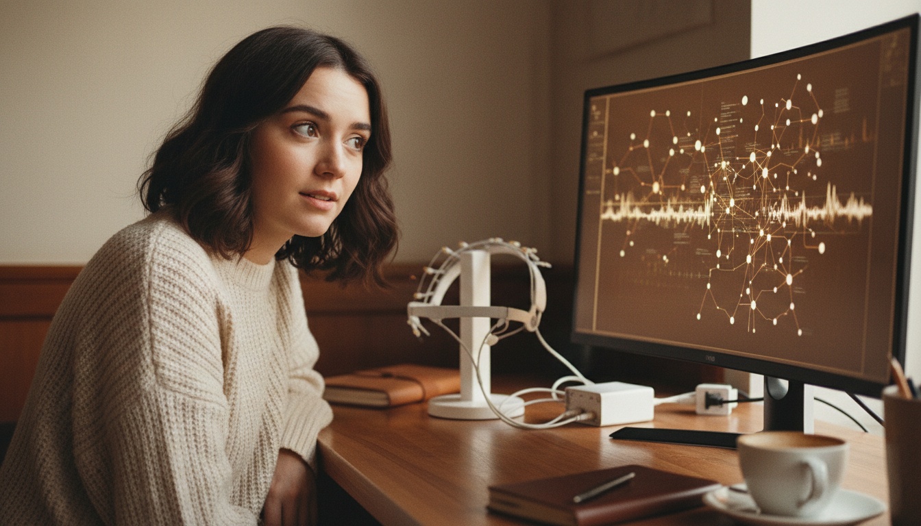 Zoe at desk with EEG headset and AI interface on screen