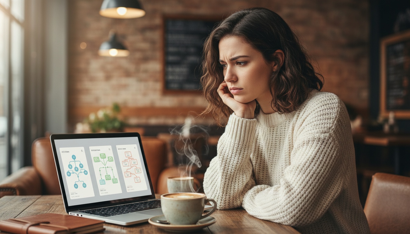 Zoe comparing multiple AI tool interfaces on a laptop screen, warm editorial style