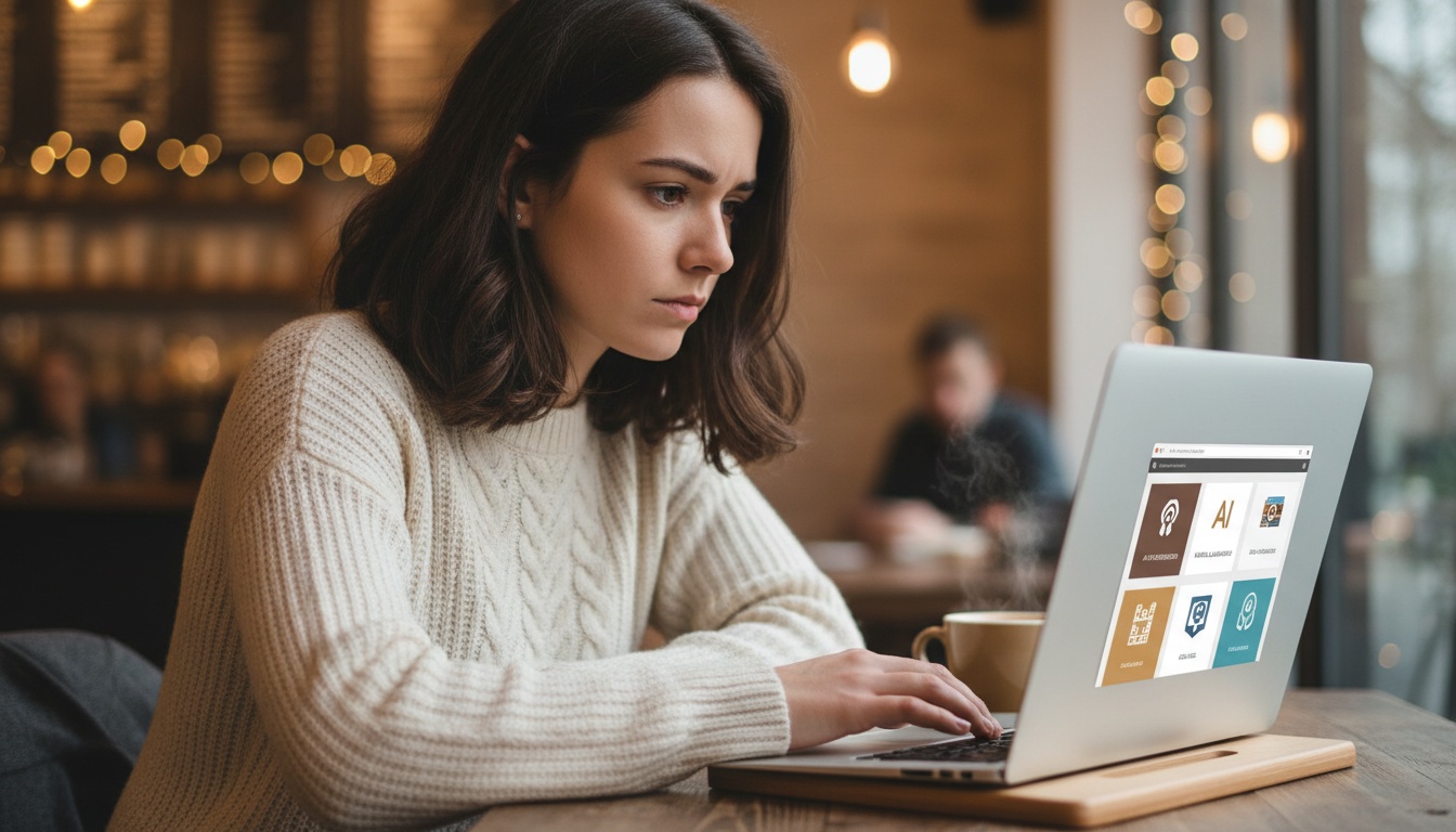 Zoe at laptop with multiple AI tool tabs open, thinking about which to use