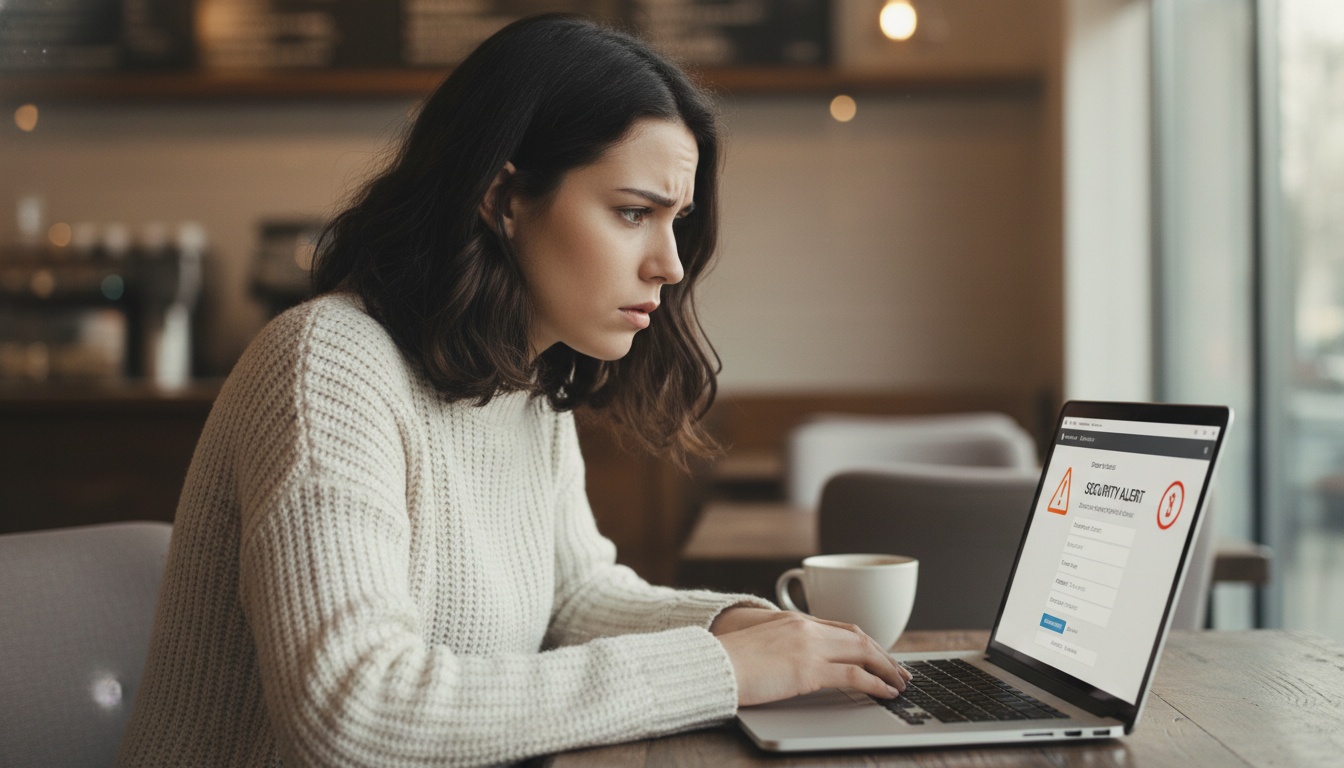 Zoe at laptop with security settings on screen, warm workspace
