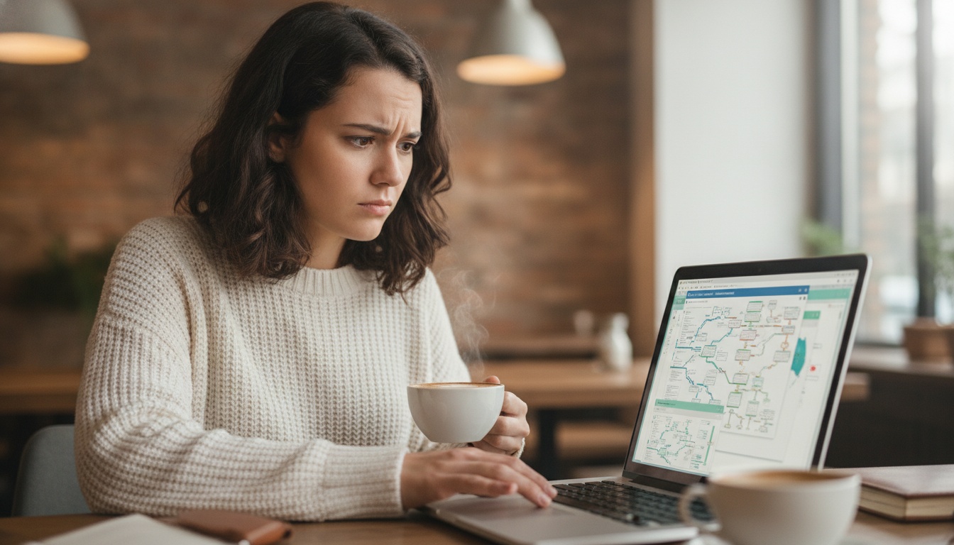 Zoe at her laptop looking at a confusing app interface with multiple tabs, warm editorial lighting