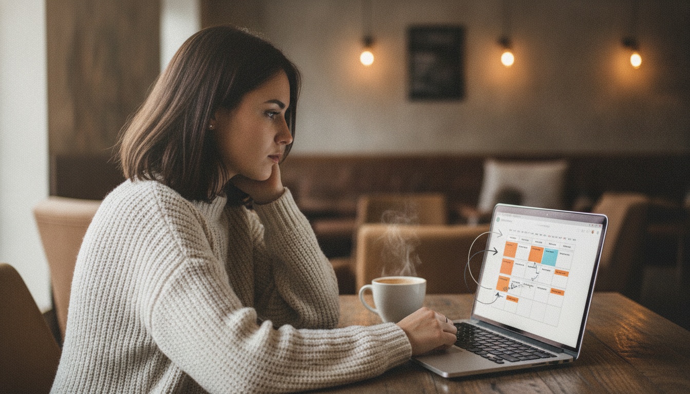 Zoe at her laptop with a calendar and automation workflow on screen, warm editorial lighting