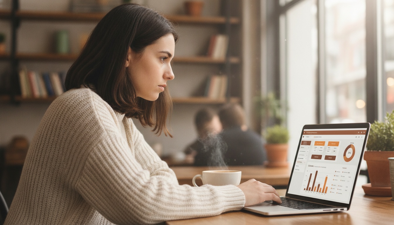Zoe at laptop reviewing AI workflow dashboard with cost breakdown on screen