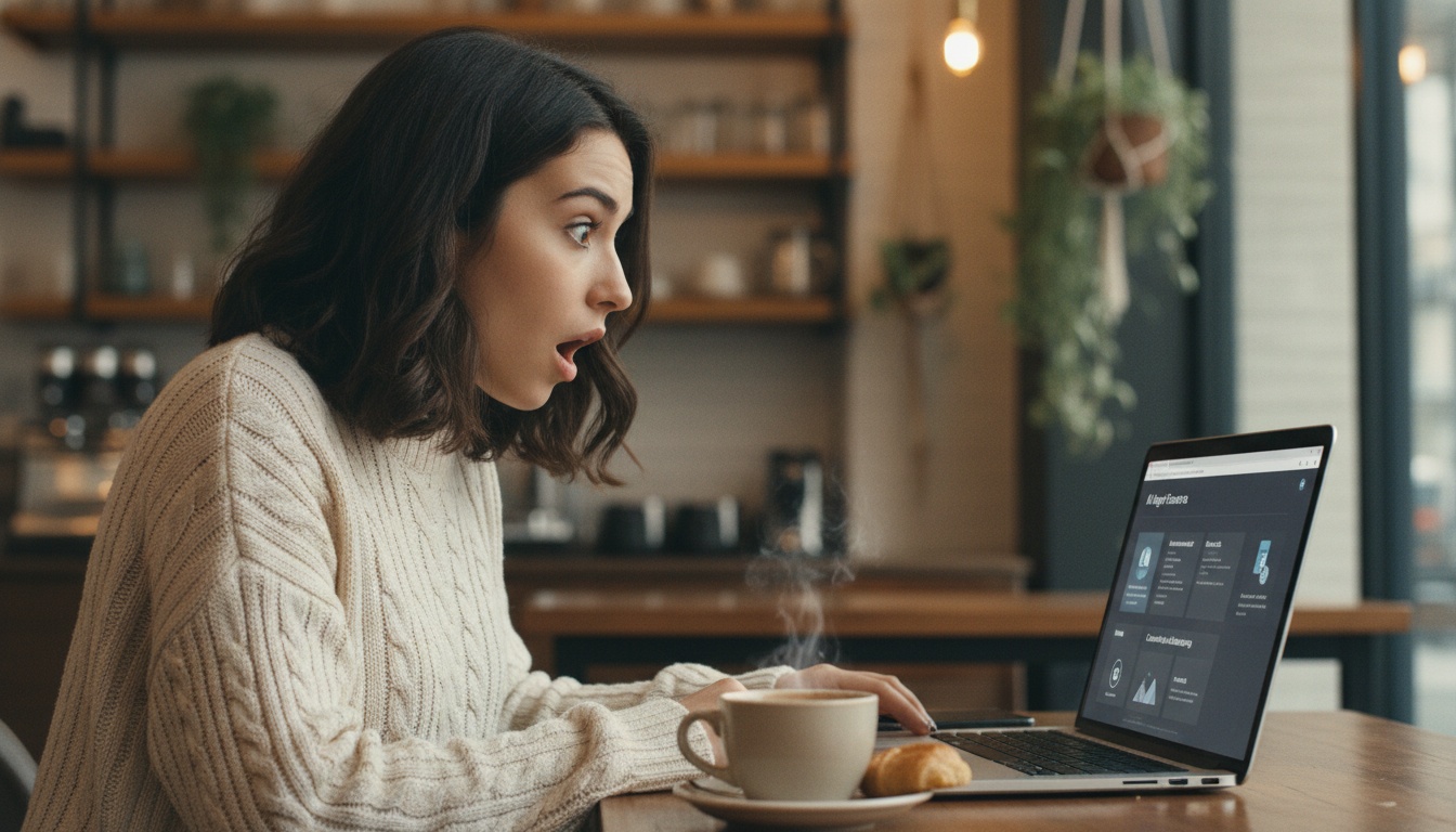 Zoe at laptop with Chrome browser showing AI features, warm coffee shop setting