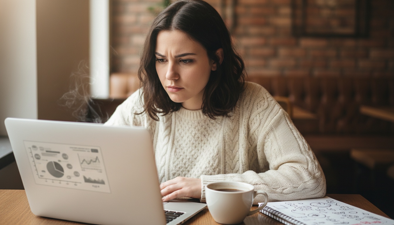 Zoe reading an AI industry disclosure on her laptop with a notebook of trust and safety notes beside her coffee