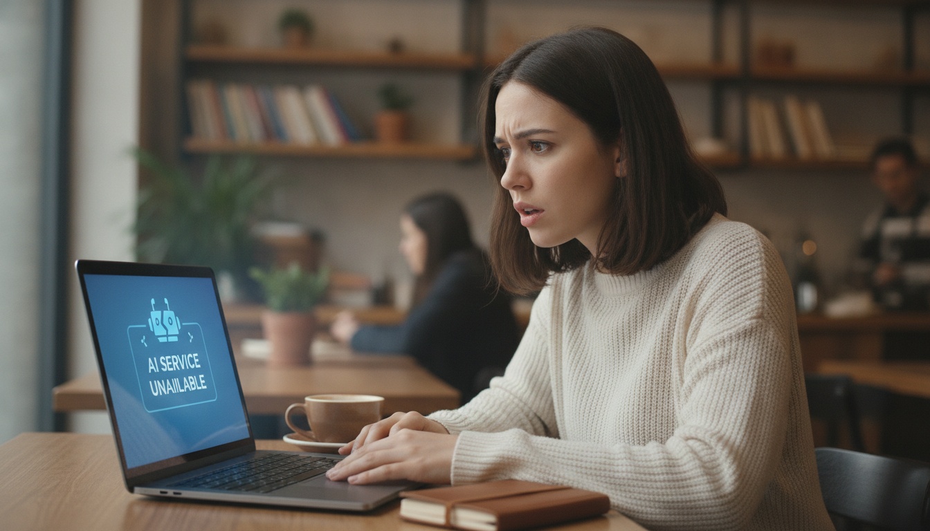 Zoe looking concerned at her laptop showing an AI service unavailable screen