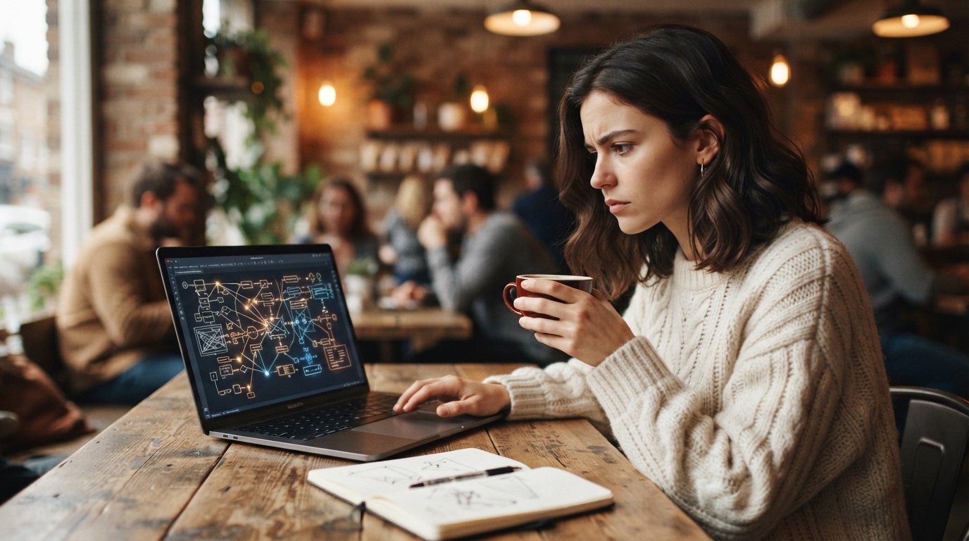 Person at laptop with AI agent workflow automation on screen, warm coffee shop setting