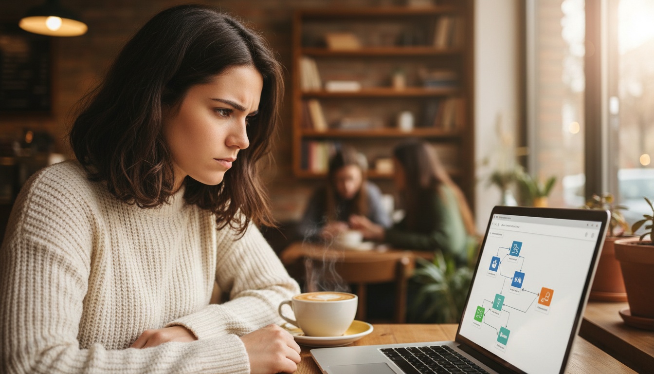 Zoe at her laptop with a browser interface showing AI agent automation on screen