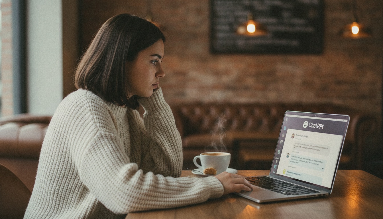 Zoe at a laptop with a simple bar chart comparing two AI tools' spending share, notes and coffee beside her