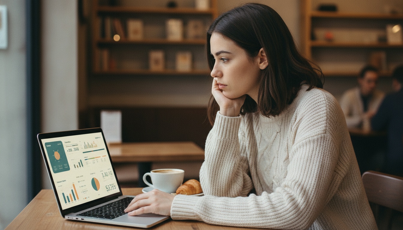 Office worker at laptop with AI dashboard on screen, corporate environment, forced adoption concept