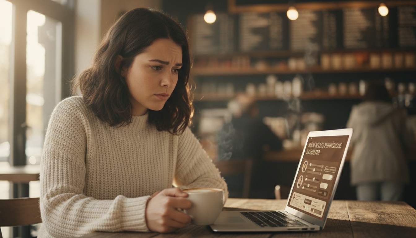 Zoe at her laptop reviewing AI agent permissions and access controls
