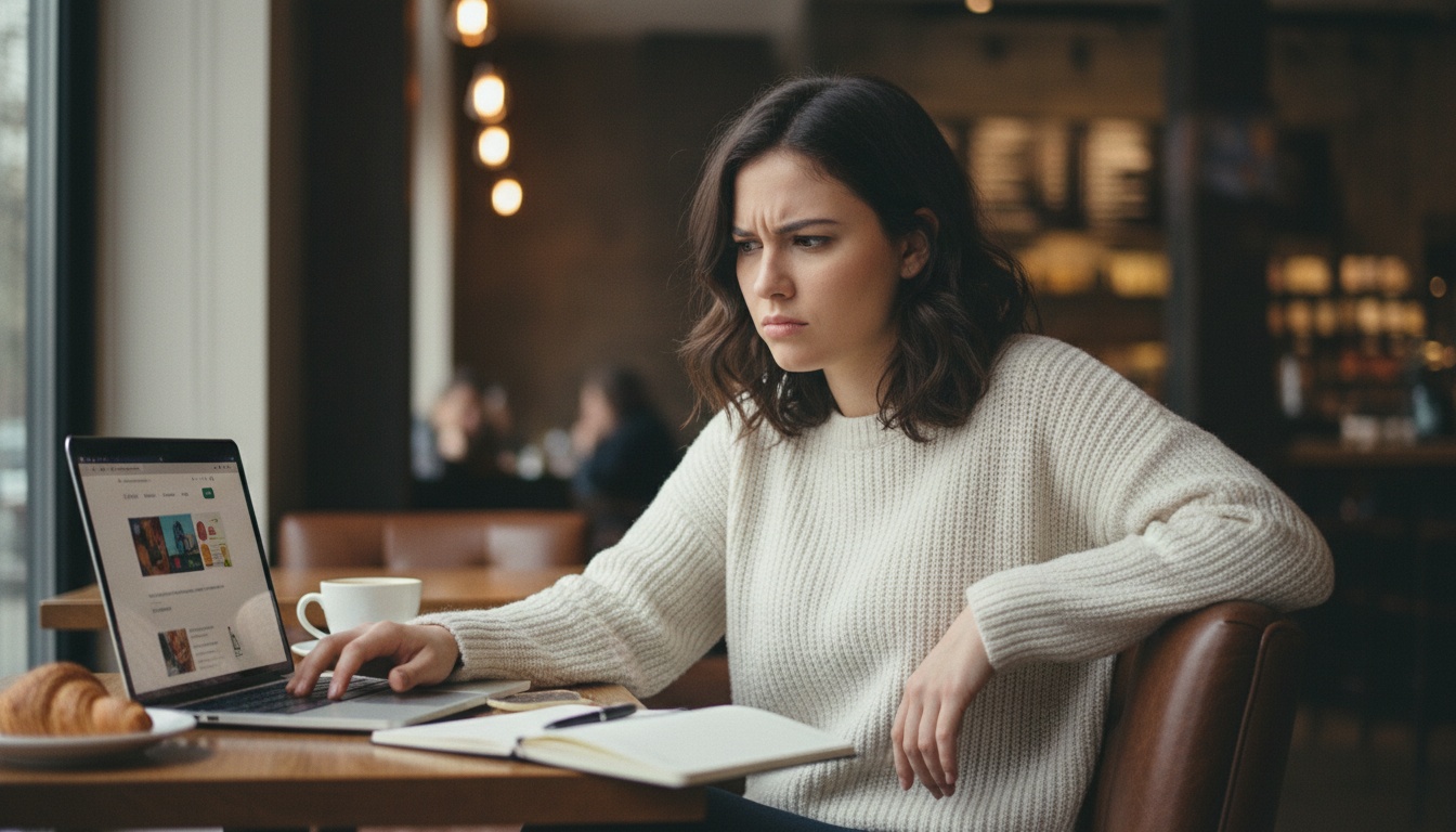 Zoe looking skeptical at a laptop showing health advice from an AI chatbot