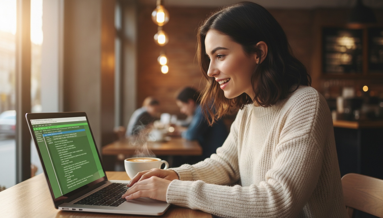 Zoe looking excited at a terminal screen showing a food ordering workflow