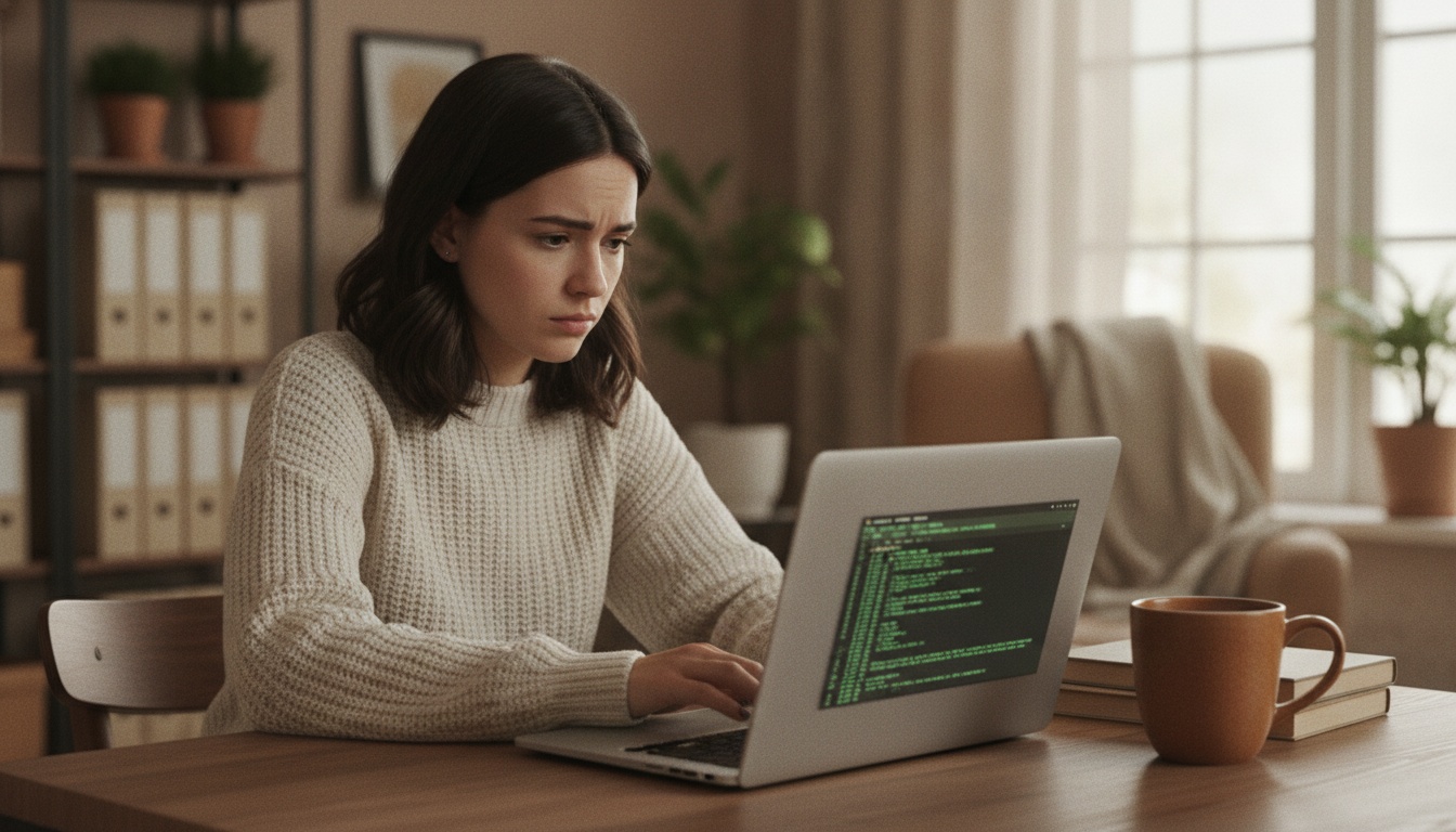 Zoe in a cozy home office at a laptop with a terminal window open, coffee mug nearby