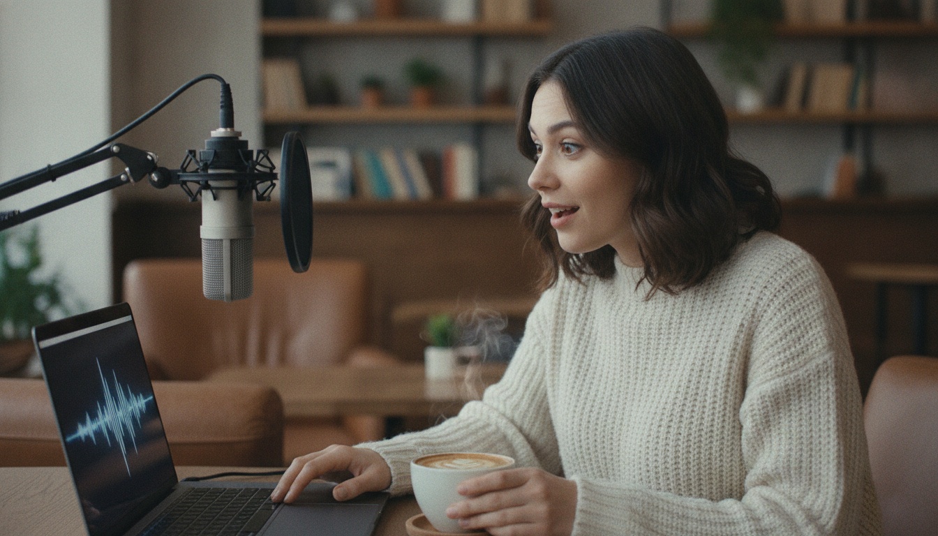 Zoe at her laptop with a microphone and audio waveforms on screen, looking impressed