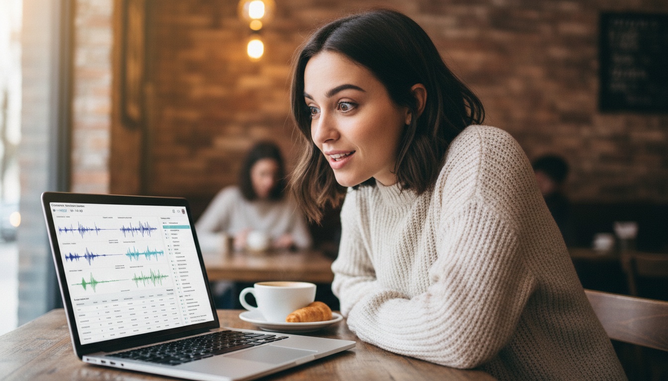 Zoe at a laptop reviewing AI agent training data from customer calls