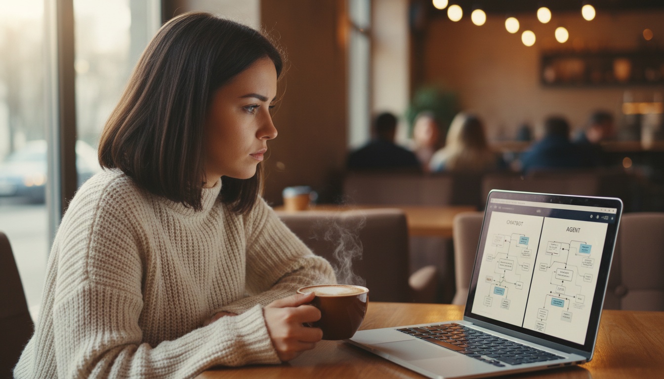 Person reviewing AI workflow automation on a laptop in a cozy workspace