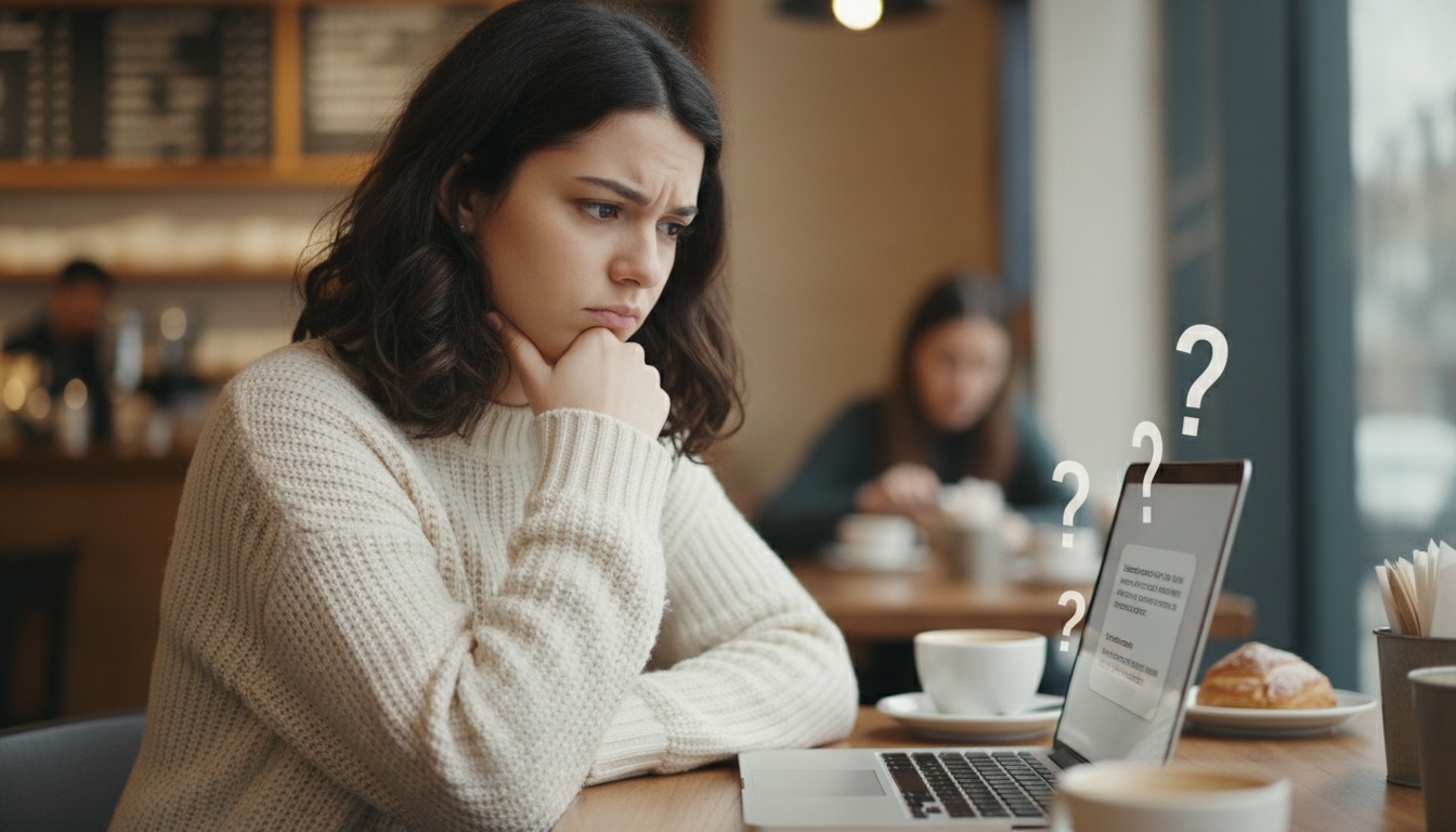 Zoe looking skeptical at a laptop showing conflicting AI-generated answers