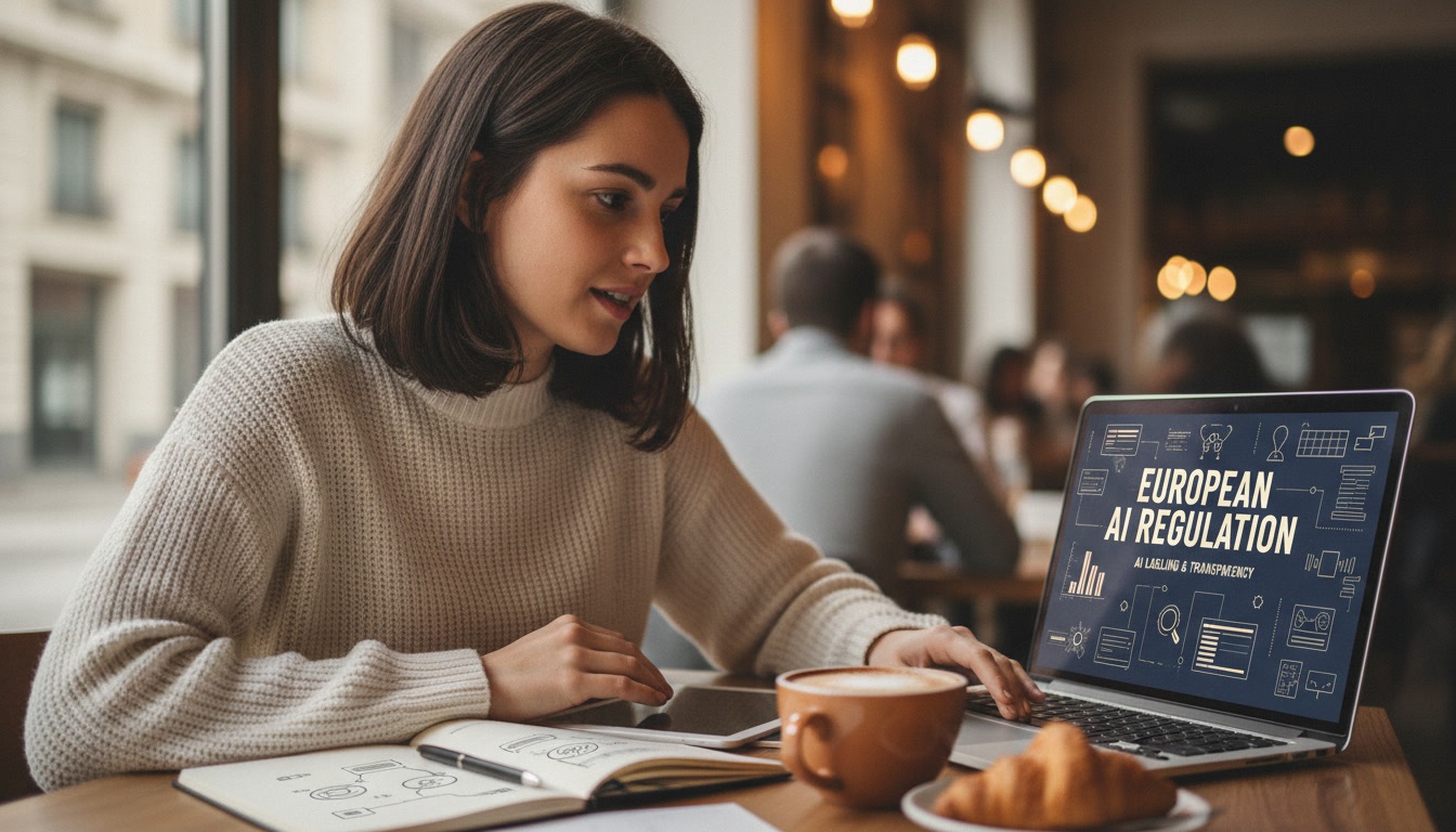Zoe at a laptop reviewing an AI content label checklist, a small EU flag mug beside her
