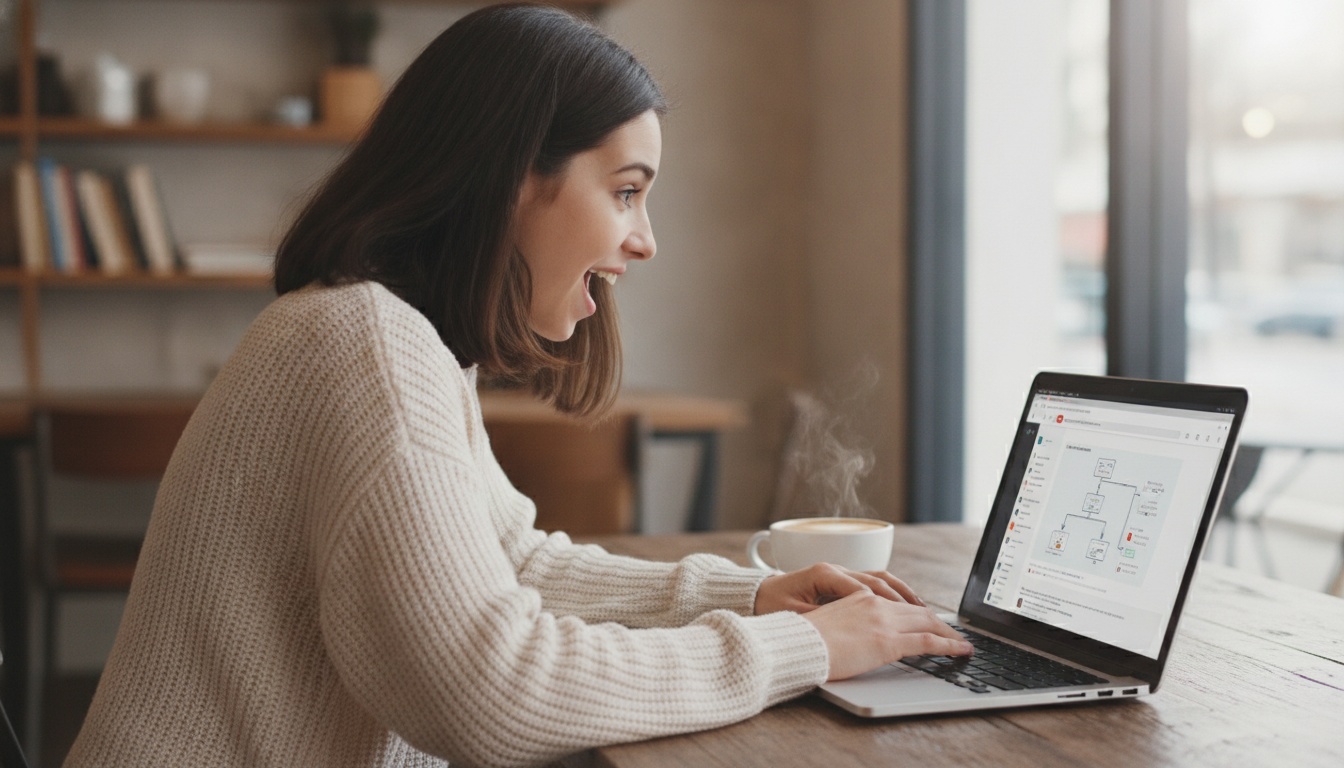 Zoe at laptop with YouTube workflow automation on screen