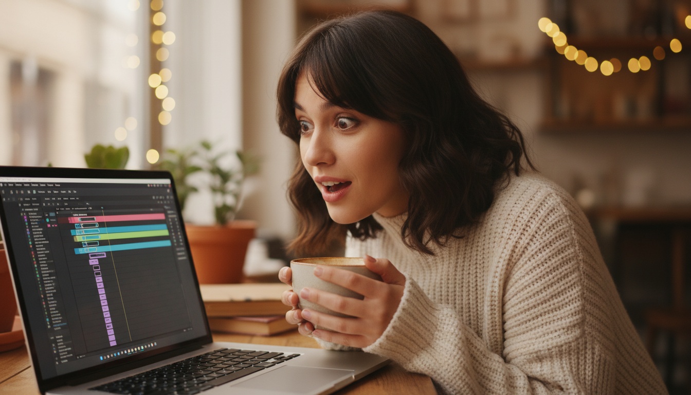 Zoe at laptop with Figma motion graphics on screen