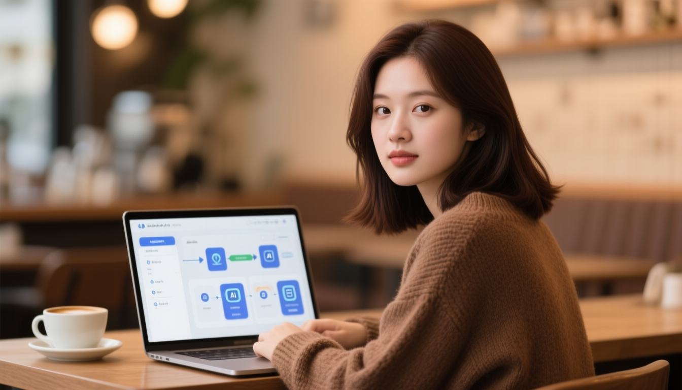 Zoe looking at multiple automation tool options on her laptop, choosing between them