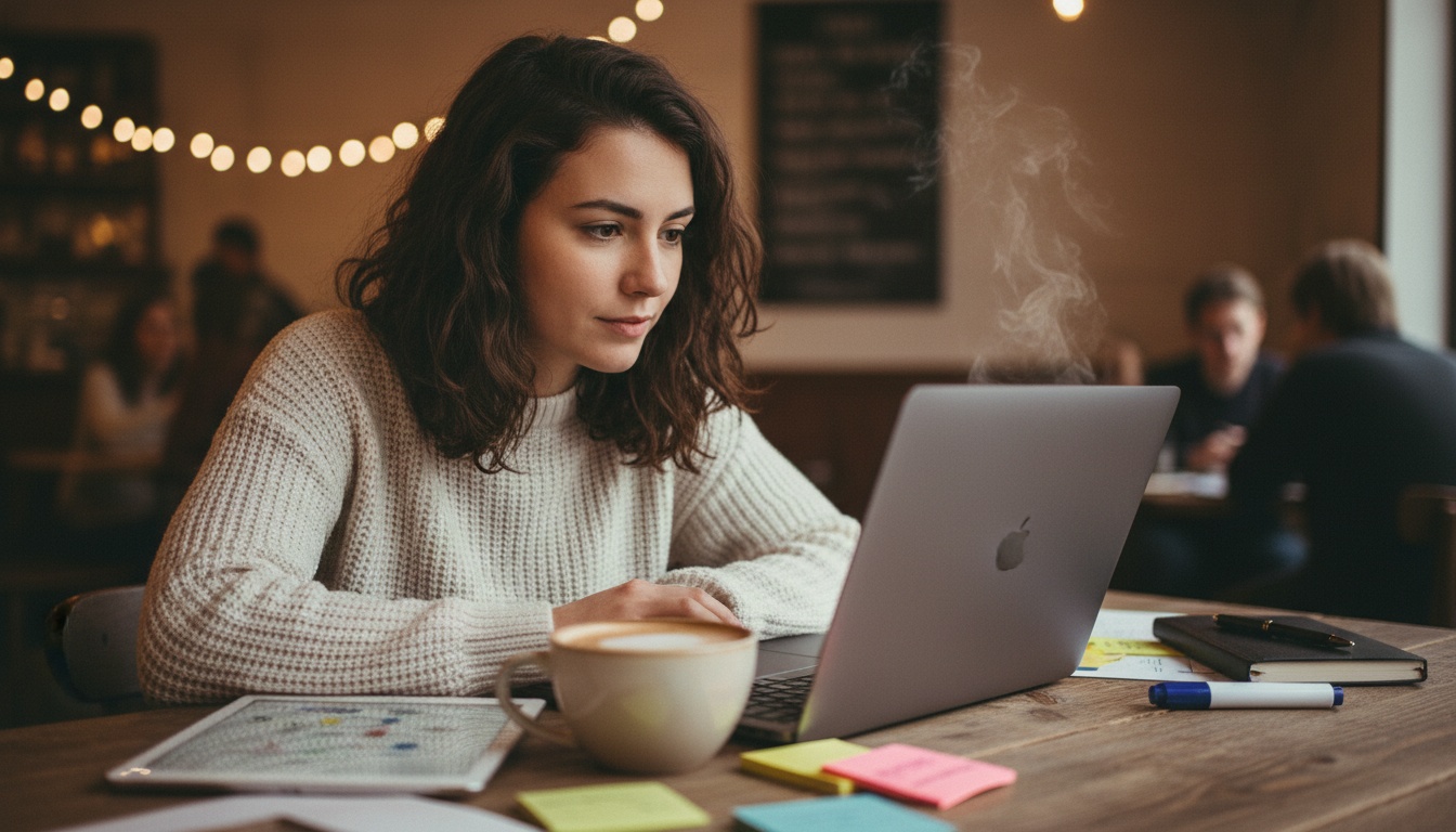 Zoe sketching a workflow diagram with connected nodes on paper beside her laptop in a coffee shop