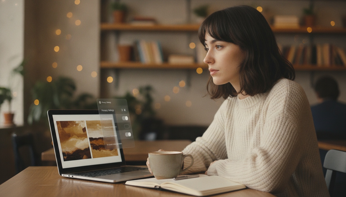 Zoe comparing personalized AI image outputs on her laptop with a thoughtful expression