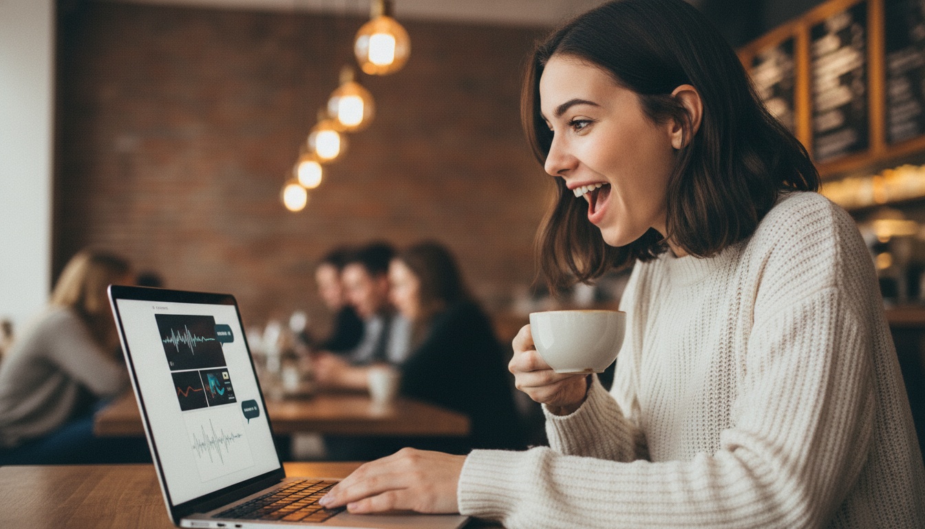 Zoe at laptop with conversational video editing on screen, warm workspace