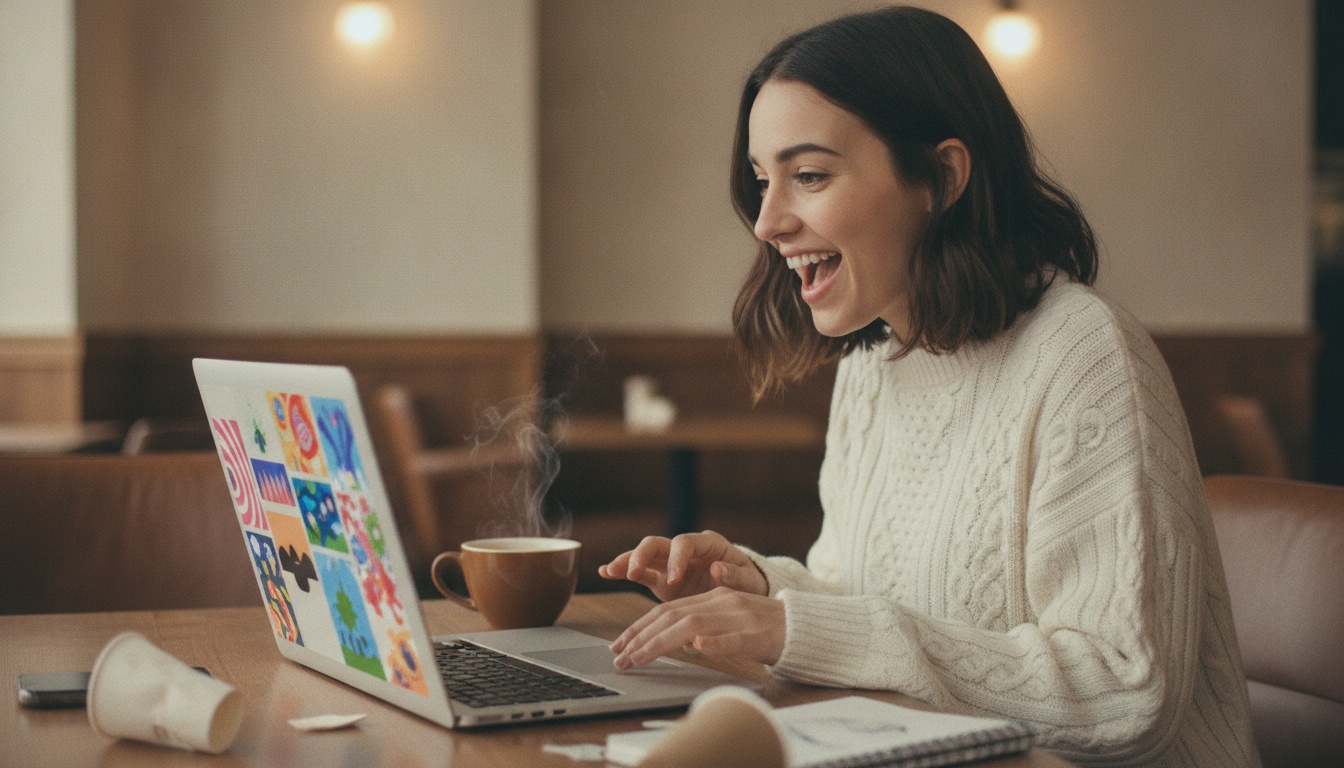 Zoe excited while generating personalized AI images on her laptop
