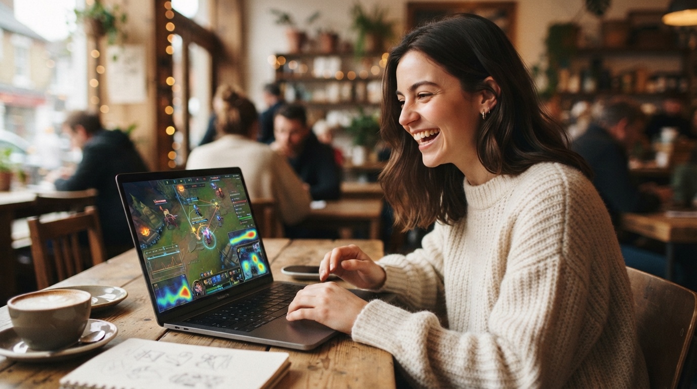 Zoe excited about AI training with video game data on her laptop