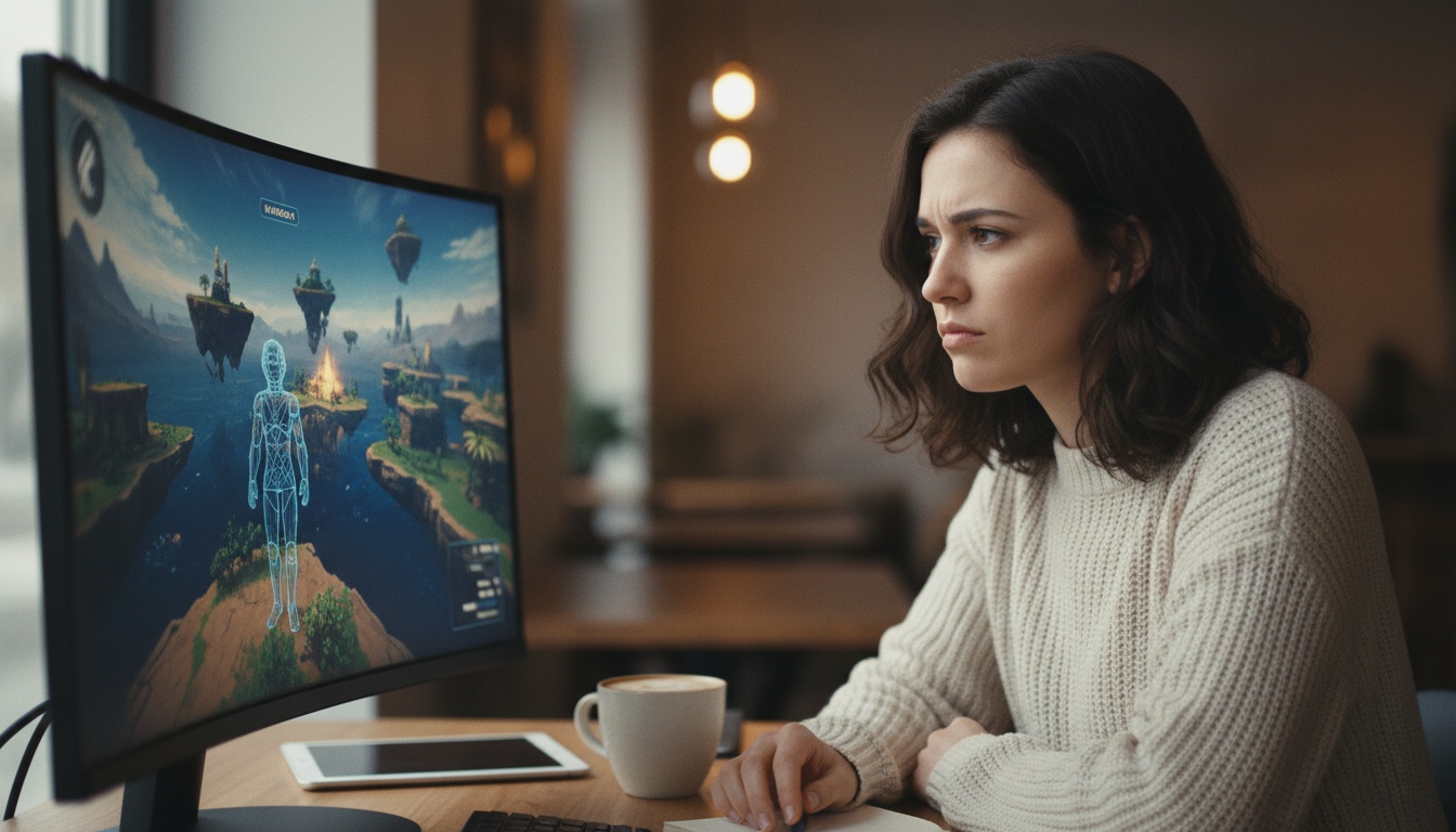 AI agent navigating a virtual game environment on a monitor, modern office