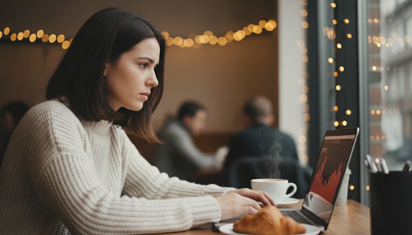 Zoe reviewing endpoint security alerts on her laptop in a cozy workspace