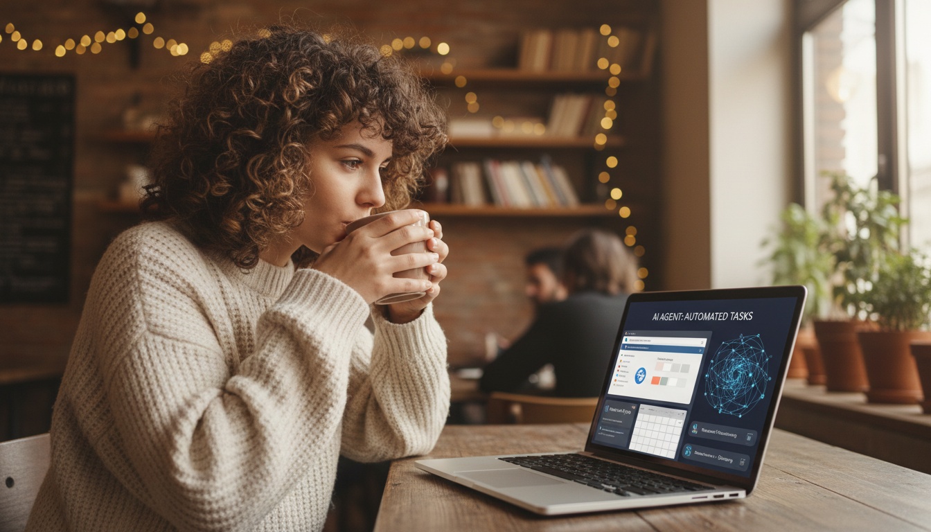 Zoe watching a laptop screen where Gemini Spark handles multiple web tasks autonomously