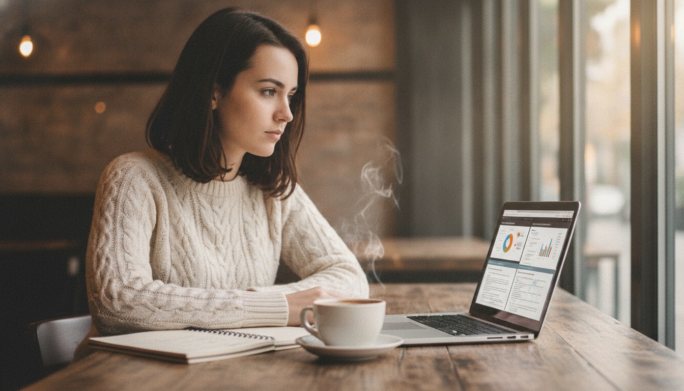 Zoe at a cafe table comparing two AI service plans on her laptop, notebook beside her