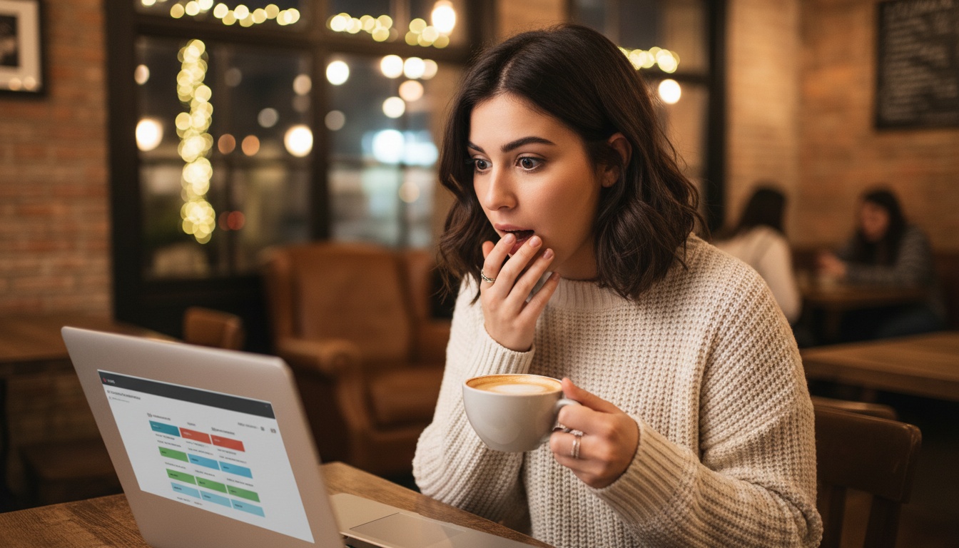 Zoe looking surprised at AI subscription pricing on laptop screen