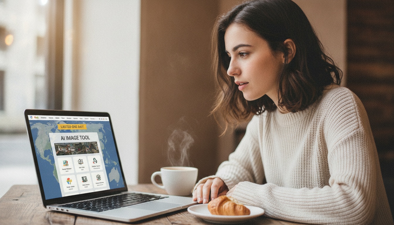 Zoe at her laptop comparing two satellite-style images with a notebook beside her coffee