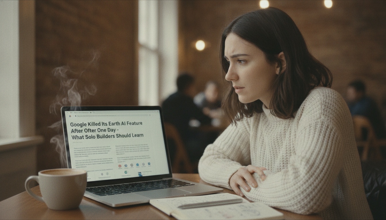 Zoe reading tech news about a product launch on her laptop with a notebook of ideas beside her coffee