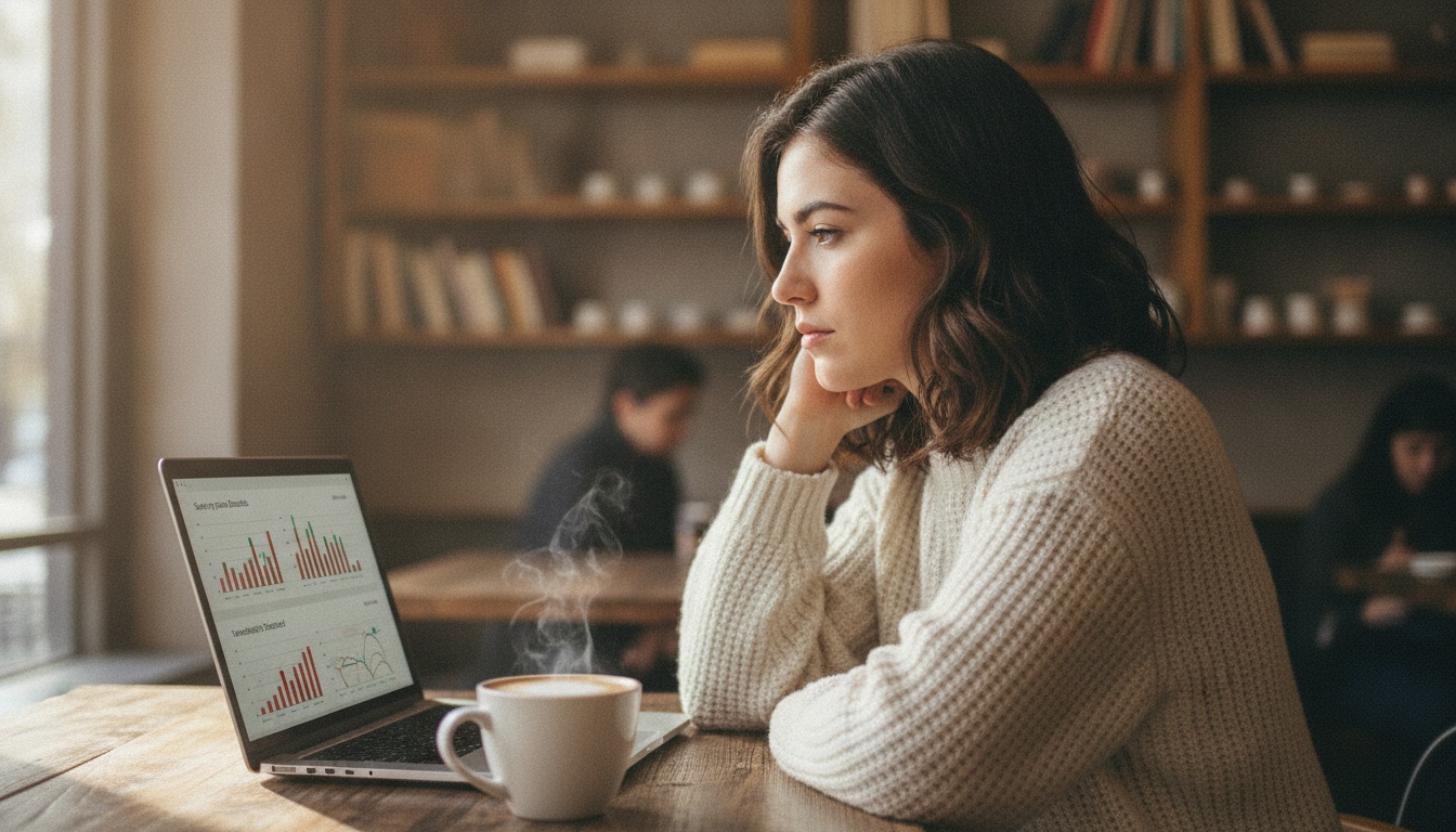 Zoe looking at a laptop screen showing security scan results in a cozy workspace