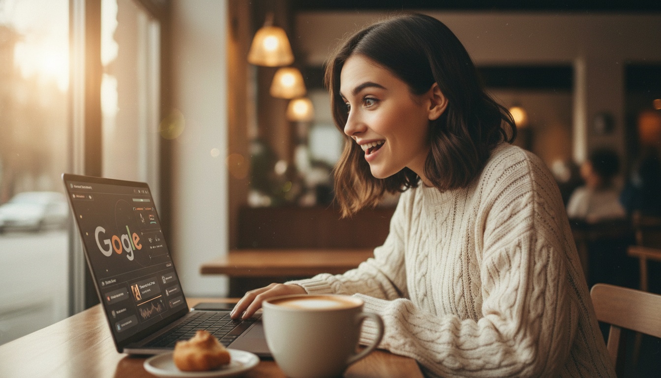 Zoe at her laptop discovering new Google AI tools on screen, warm coffee shop setting