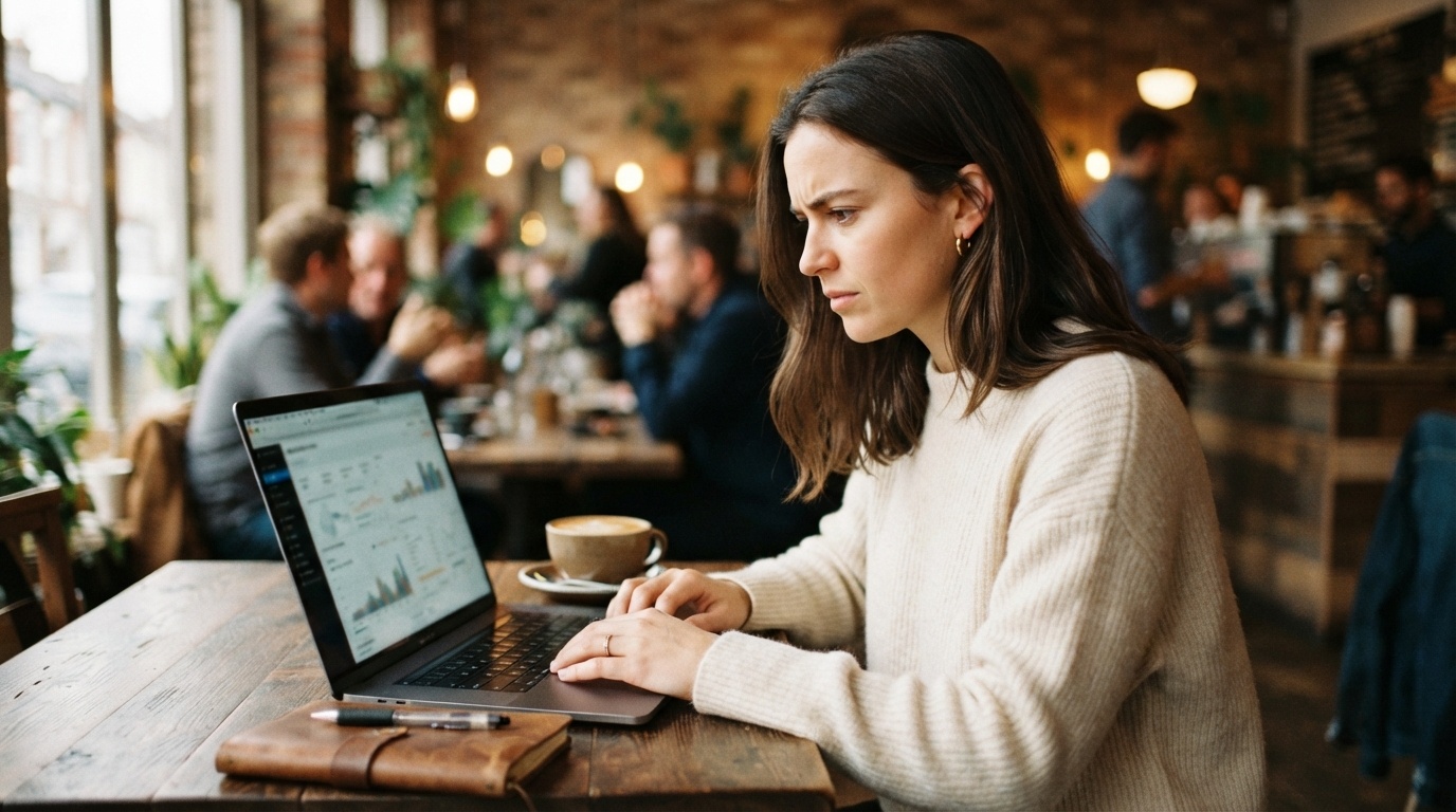 Person analyzing SEO data on laptop screen, warm workspace with coffee