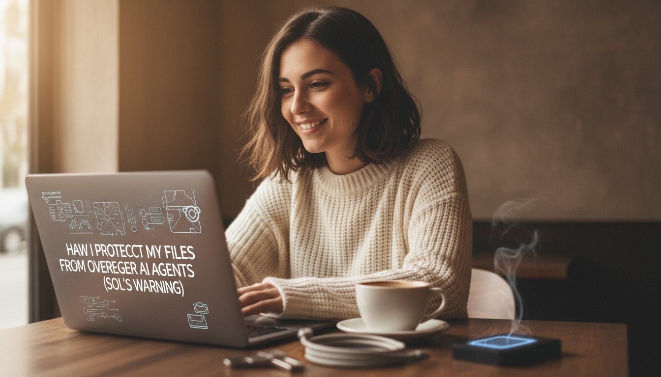 Zoe at a laptop with a file manager open and a padlock icon on screen, red warning toast in the corner