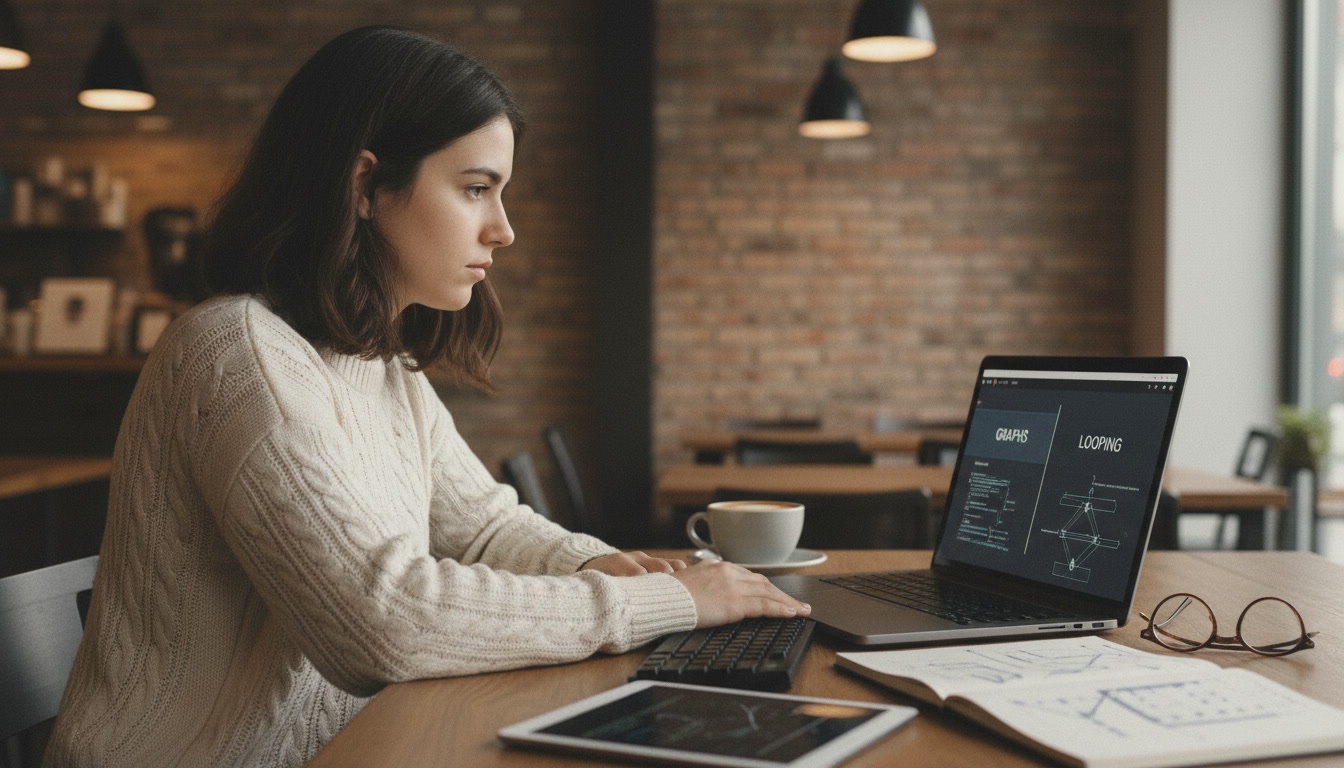 Zoe at a laptop comparing a circular loop diagram and a branching flowchart side by side