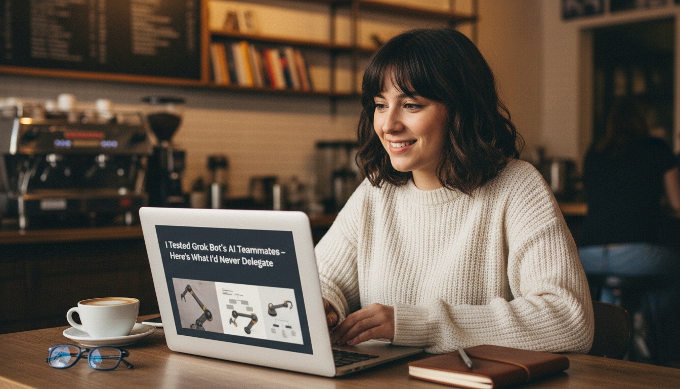 Young woman at a laptop handing off tasks to AI agent teammates, chat threads and task board on screen, cozy workspace