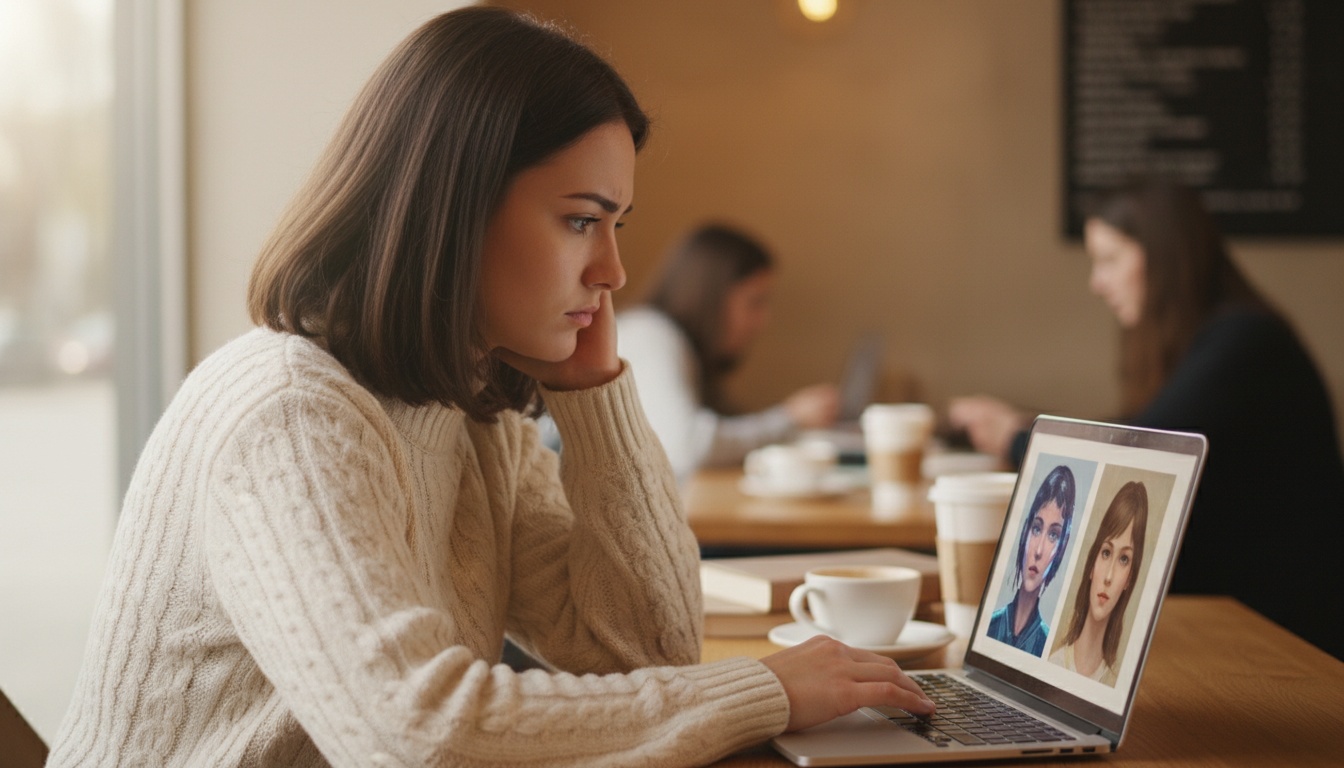 Zoe comparing two AI avatar versions side by side on her laptop screen