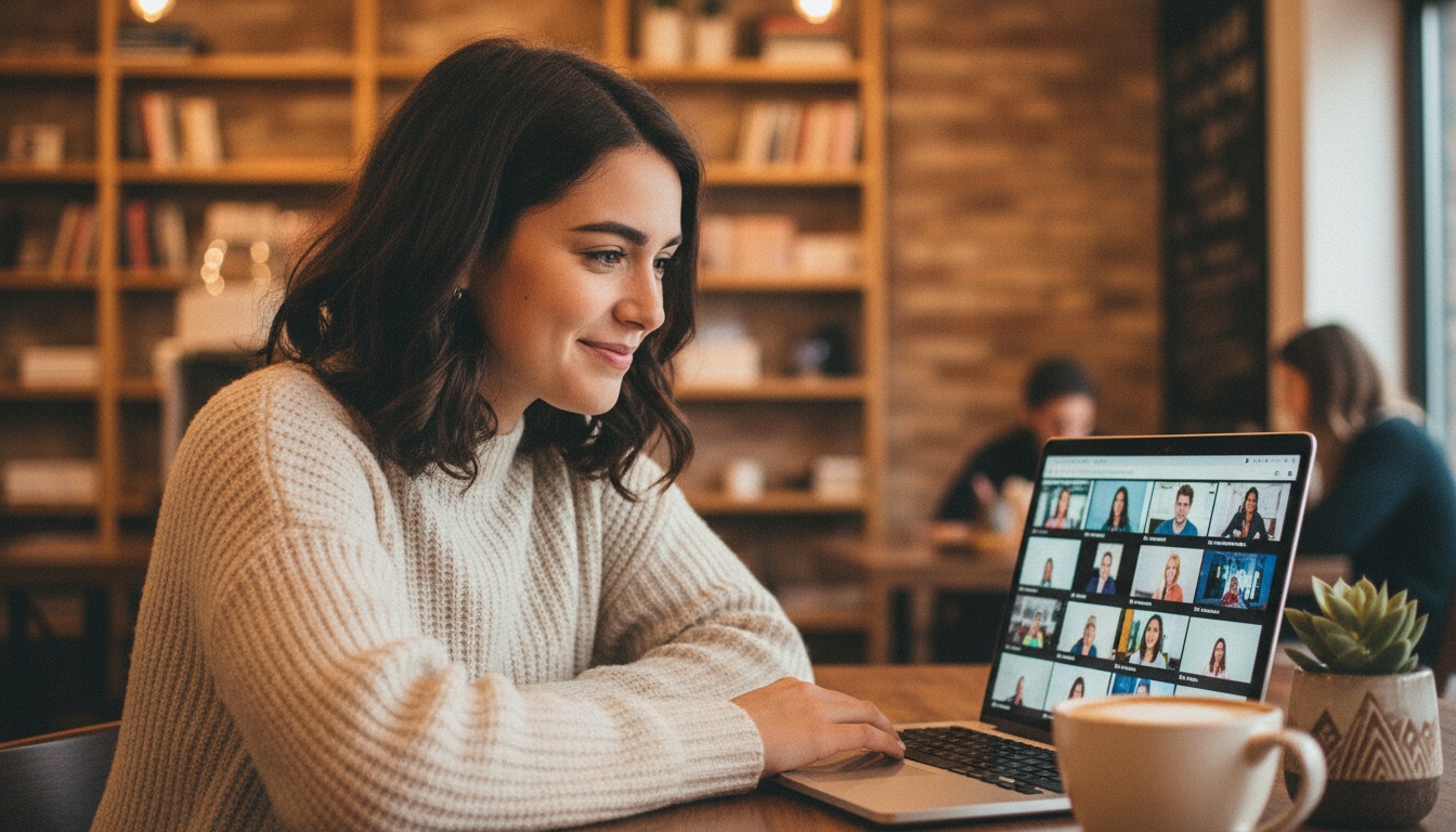Zoe at laptop with multiple video thumbnails on screen, batch content creation workspace