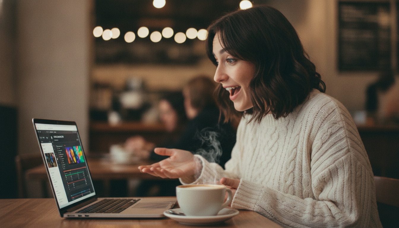 Person at laptop with AI video timeline on screen, cozy workspace