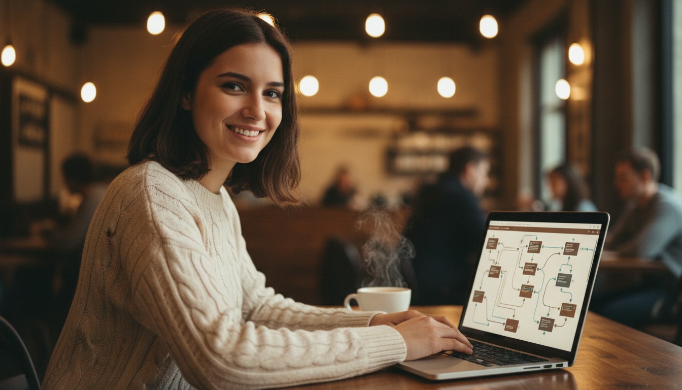 Zoe at a laptop with automation workflow diagrams on screen
