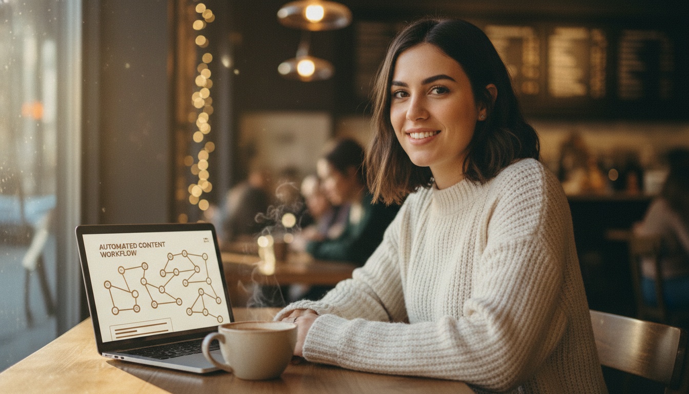 Zoe looking at a content dashboard with automated workflows on screen