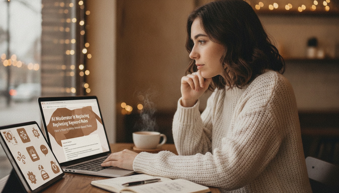Woman at a laptop in a coffee shop reviewing community moderation rules on screen